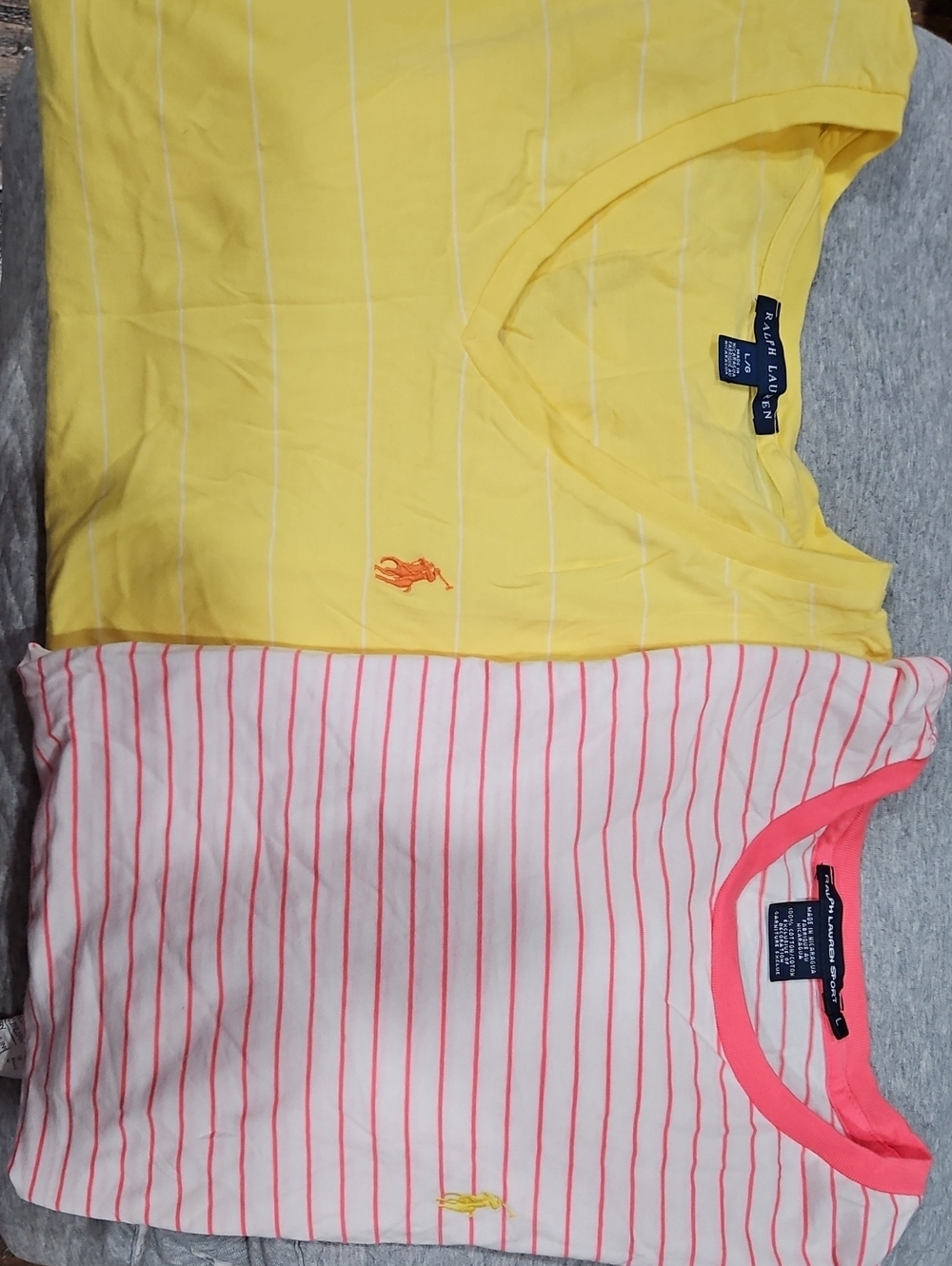 2 Shirts Ralph Lauren Yellow V-Neck Tee & White-Pink Stripe Crewneck Tee